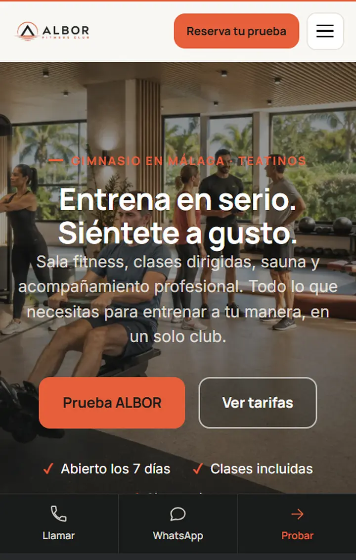 Demo de gimnasio ALBOR Fitness Club en móvil