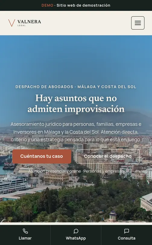 Vista móvil del proyecto demostrativo VALNERA LEGAL
